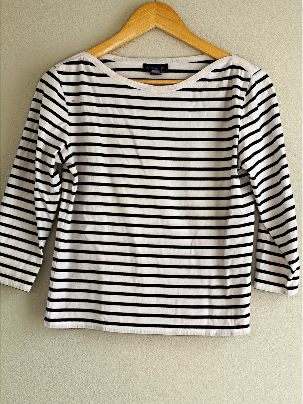 Vintage Ann Taylor White Black Striped Boat Neck 3/4 Sleeve Knit Top Size L